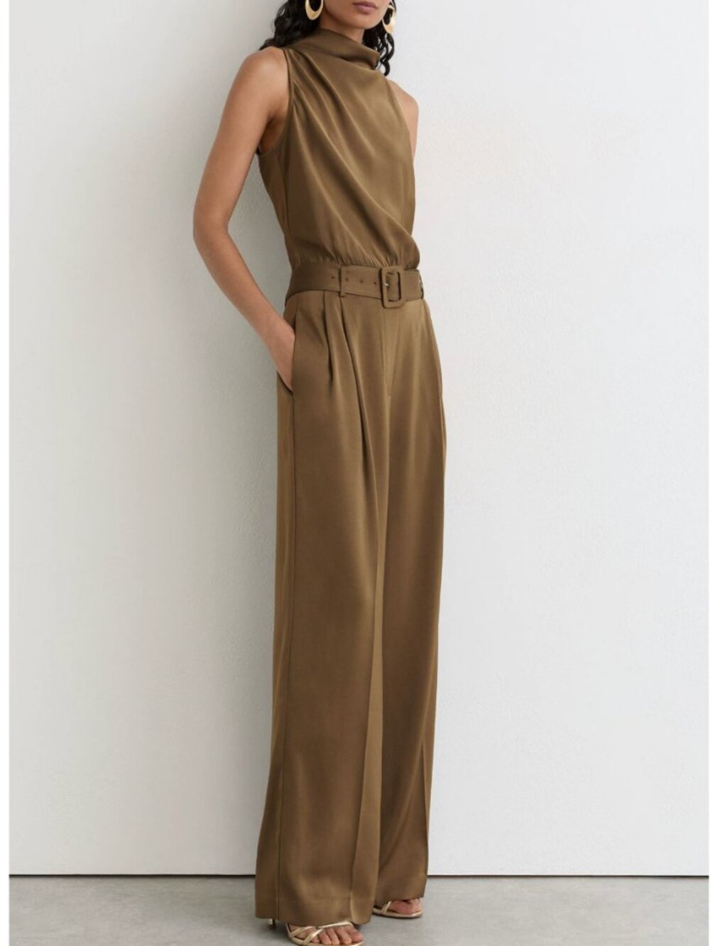 REISS Erica Satin Jumpsuit Khaki Green Cowl-Neck Wide-Leg Quiet Lux Classic - Picture 2 of 14